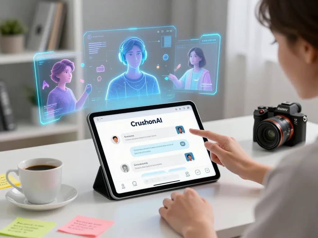 Engaging user interaction with CrushonAI chatbot on tablet in a modern tech space.