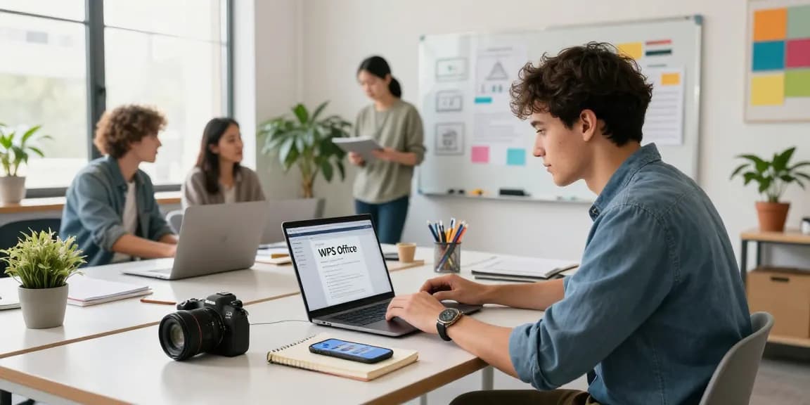 WPS Download in a modern workspace with a professional using a laptop, vibrant atmosphere.