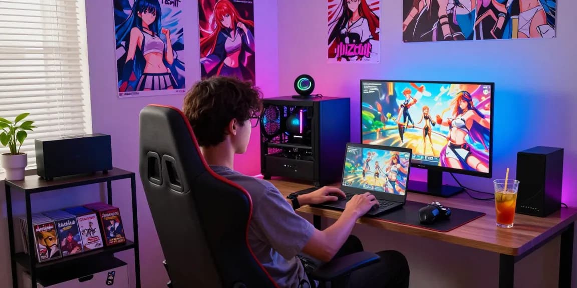 A cozy living space highlighting a player enjoying a hentai game on a laptop with colorful lighting.