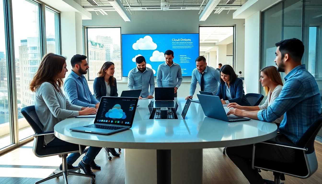 SaaS team collaborating in a modern workspace with digital tools and cloud interfaces.