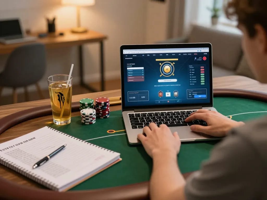 Player enjoying F88BET poker game on a laptop in a cozy home office environment.