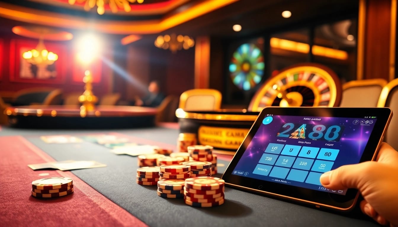 Engaging in action at the casino with link rr88, showcasing vibrant poker chips and an elegant roulette wheel.