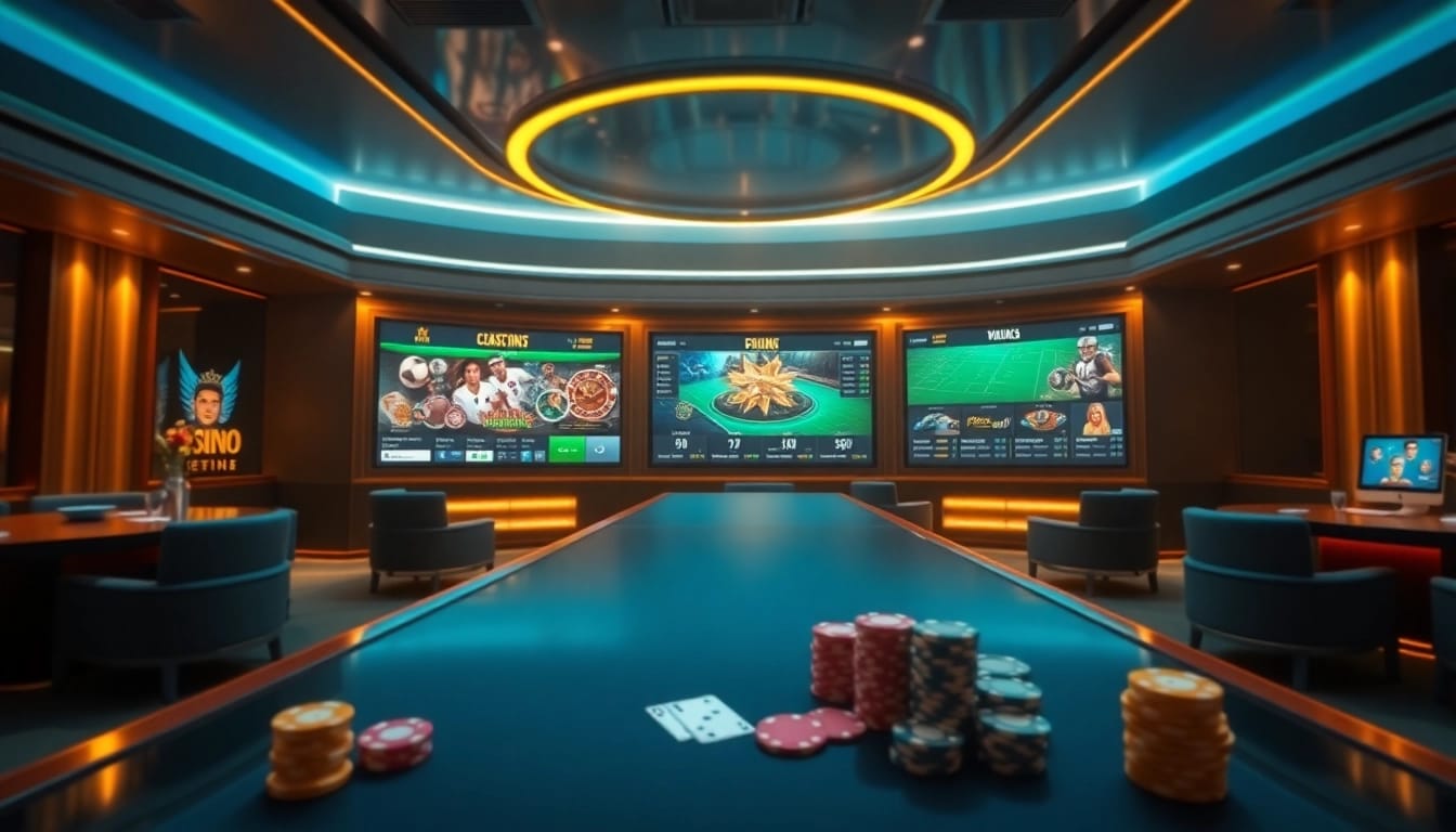 An engaging online gambling scene showcasing nhà cái go100 with vibrant gaming interfaces and casino elements.