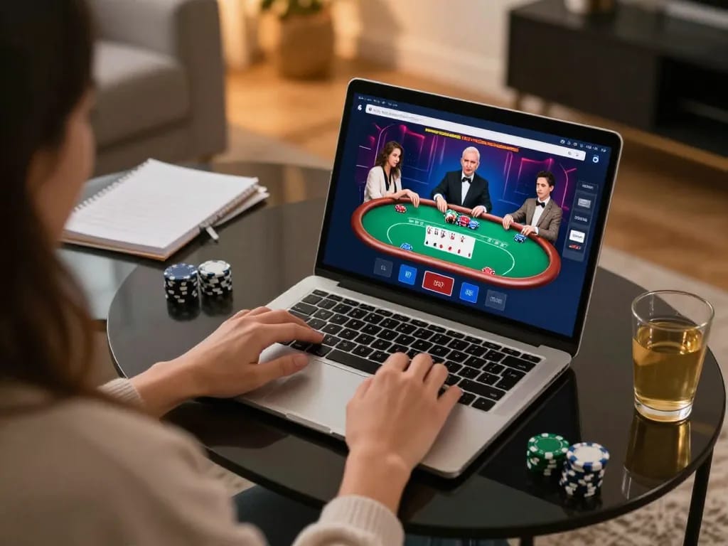 Engaged player at home enjoying 555win online casino poker game on laptop with strategy notes.