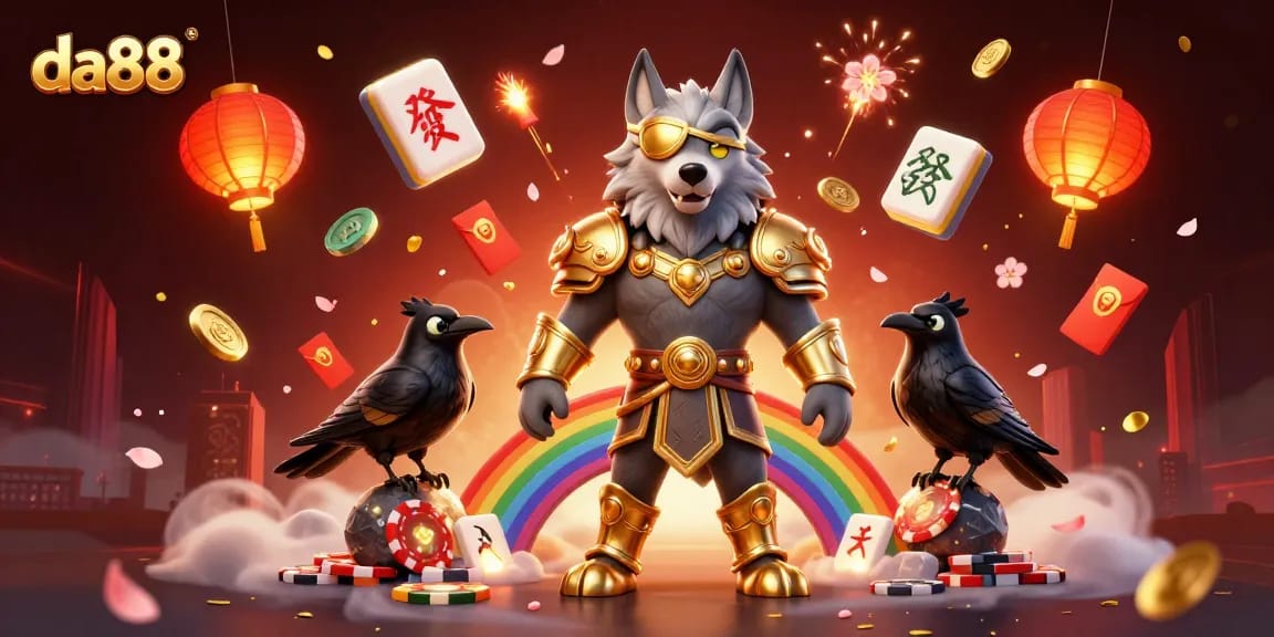 Bet big with da88 at an exciting bridge of casino chips, featuring Odin and ravens.