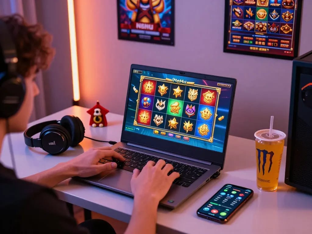 Exciting NoHu gaming experience in a vibrant setup with colorful slot game graphics and engaging gaming accessories.