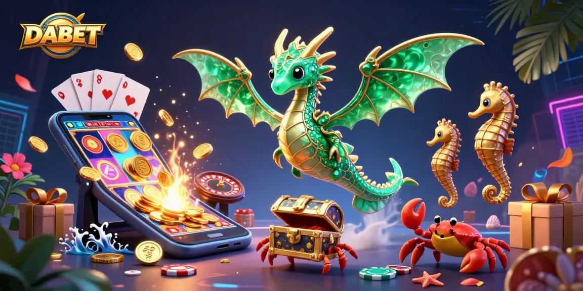 DABET players enjoy spinning slot games with a dazzling sea dragon and vibrant casino elements.