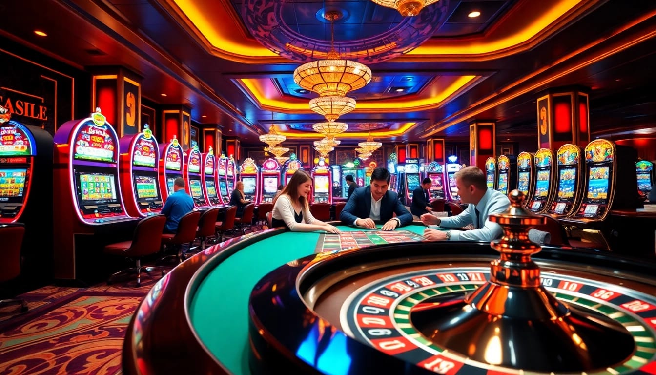 The lively casino atmosphere at https://789winab.com/ featuring excited gamblers at a poker table surrounded by vibrant slot machines.
