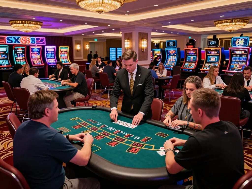 SX88 players strategizing at a lively casino table under bright neon lights.