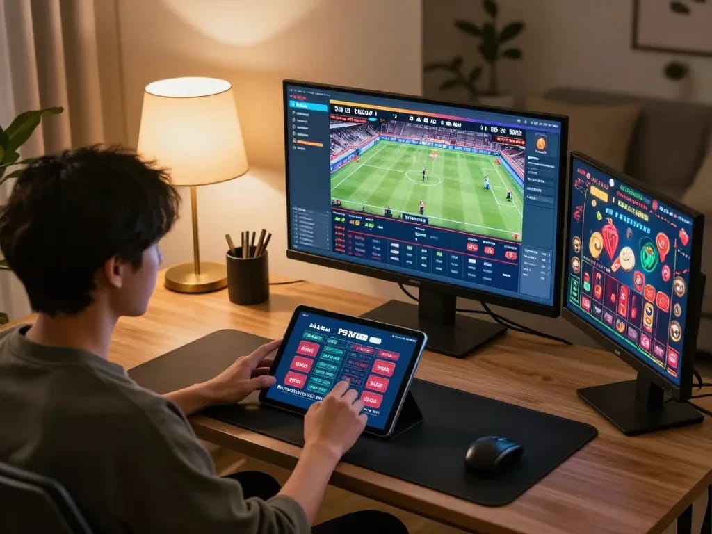 Engaging scene of online betting on nhà cái PG88 with a user placing bets on a tablet in a cozy home setting