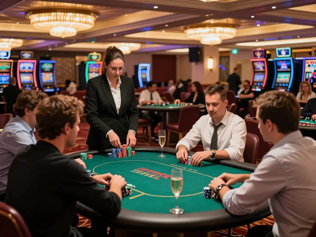 Players strategizing at cm88z poker tables in an upscale casino atmosphere.