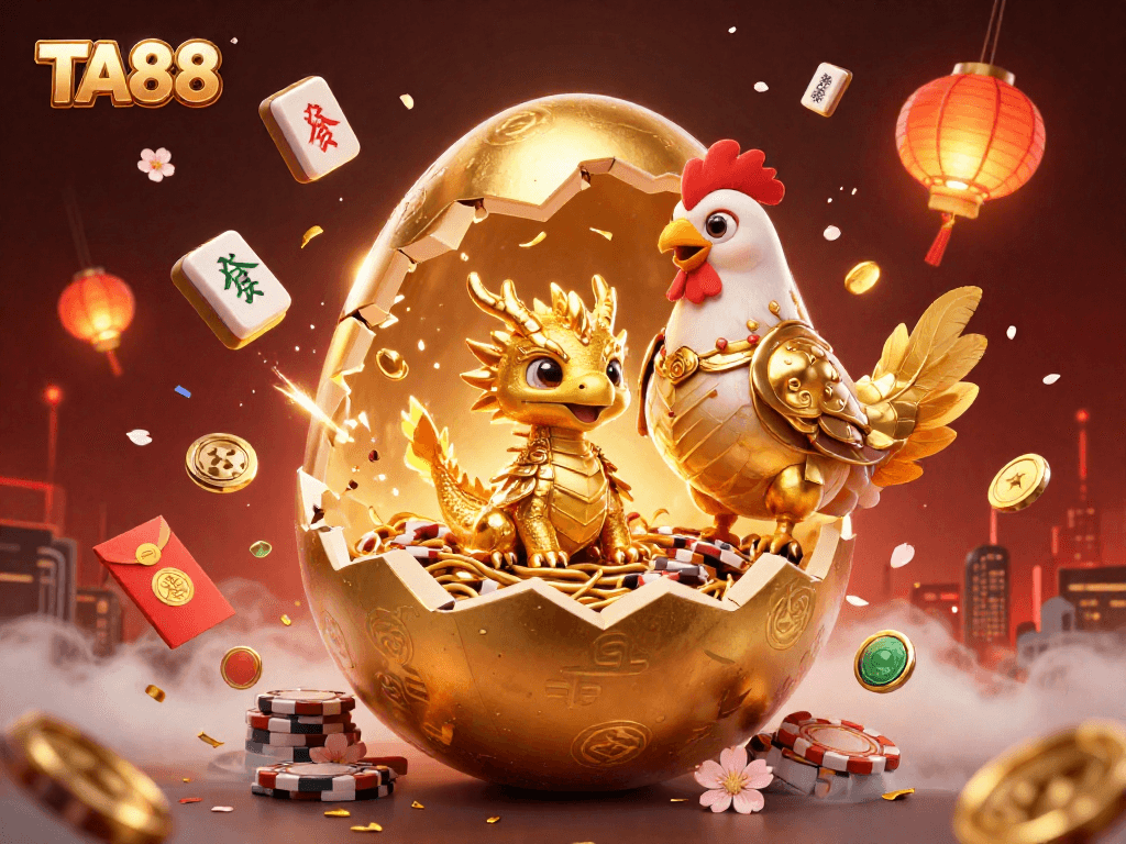 TA88 showcases a golden egg revealing a dragon among poker chips in a festive casino scene.