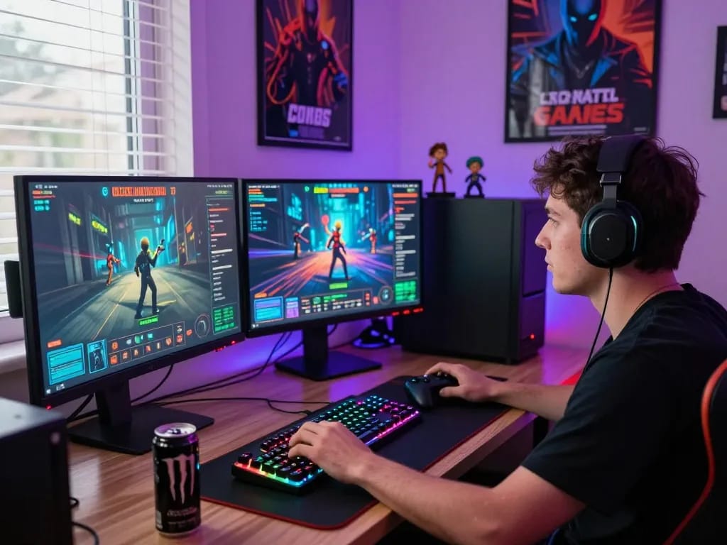 Gamer immersed in mind control porn game on desktop with vibrant graphics.