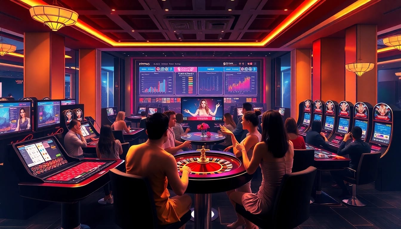 Engaged players enjoying various games on the nhà cái mmoo platform, showcasing an elegant online gambling experience.