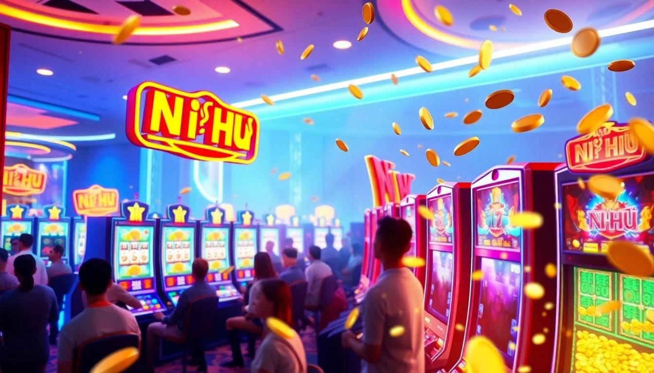 Nổ Hũ gaming scene with vibrant slot machines and enthusiastic players