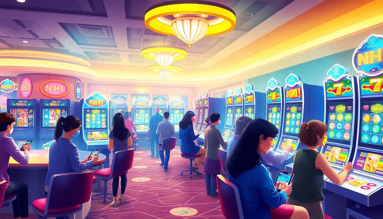 Nổ Hũ slot game environment with players enjoying vibrant digital experience in a modern casino setting