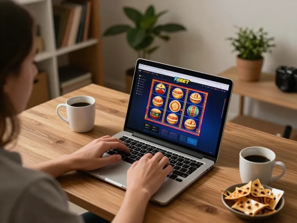 Engaging home setup for online gambling at F8BET featuring laptop with slot games, cozy modern environment.