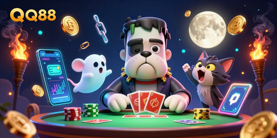 Engage with QQ88 in a thrilling 3D casino scene featuring unique characters and crypto elements