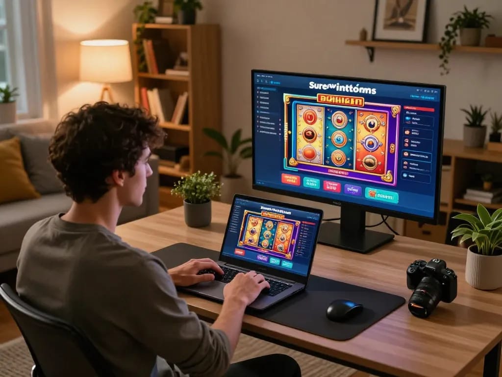 Engaging in strategic online gaming at home with surewin casino on laptop in a cozy setting.