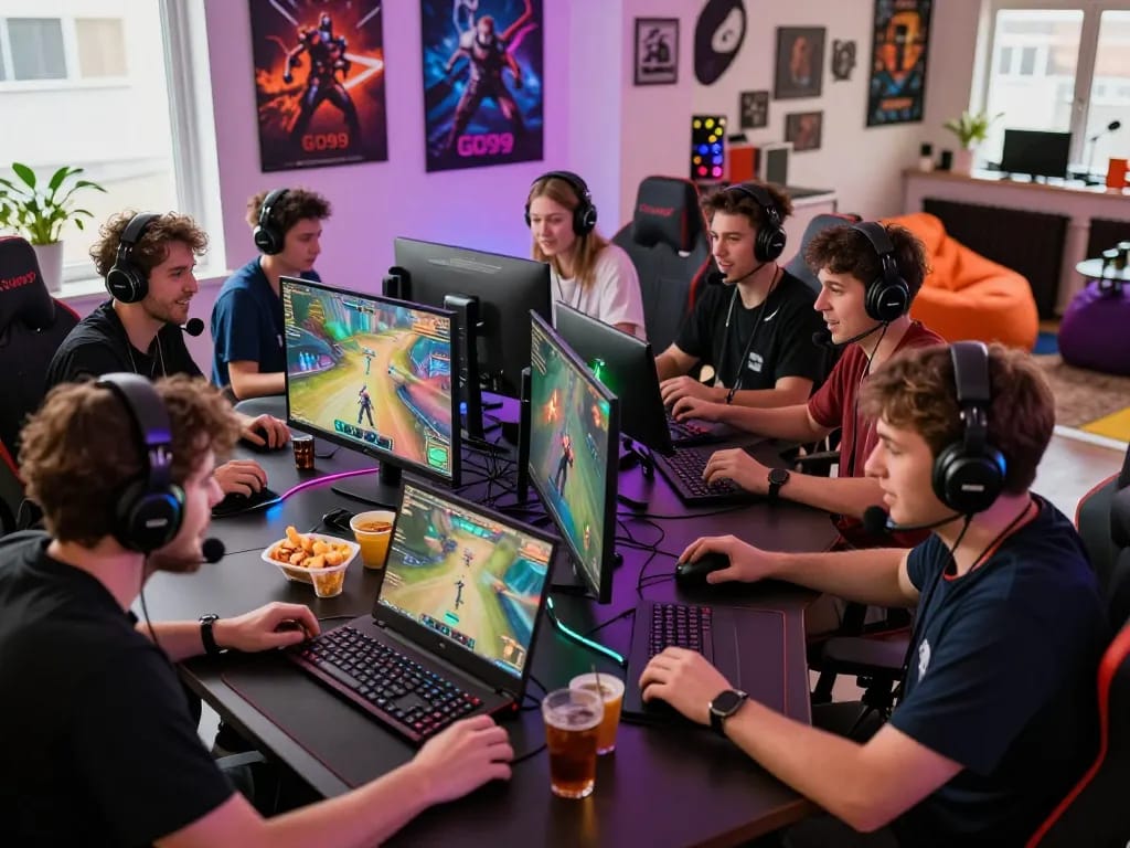 Exciting online gaming on the GO99 platform with players immersed in action, showcasing vibrant atmosphere and gaming integration.