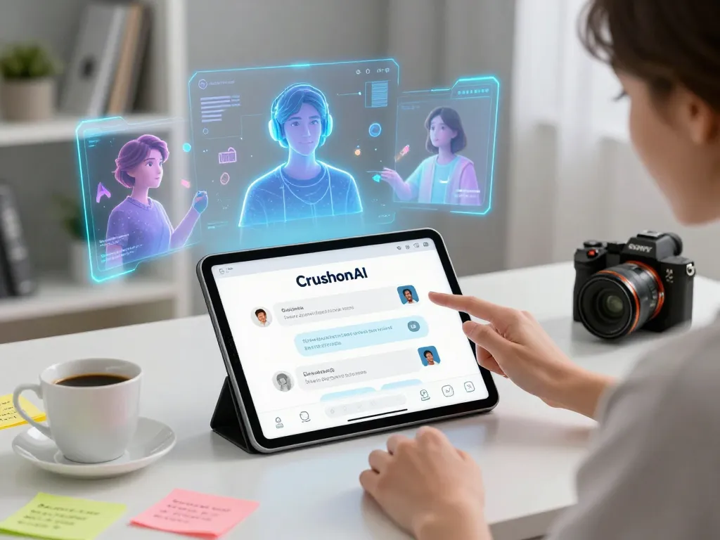Engaging user interaction with CrushonAI chatbot on tablet in a modern tech space.