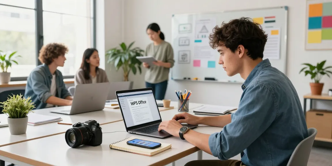 WPS Download in a modern workspace with a professional using a laptop, vibrant atmosphere.