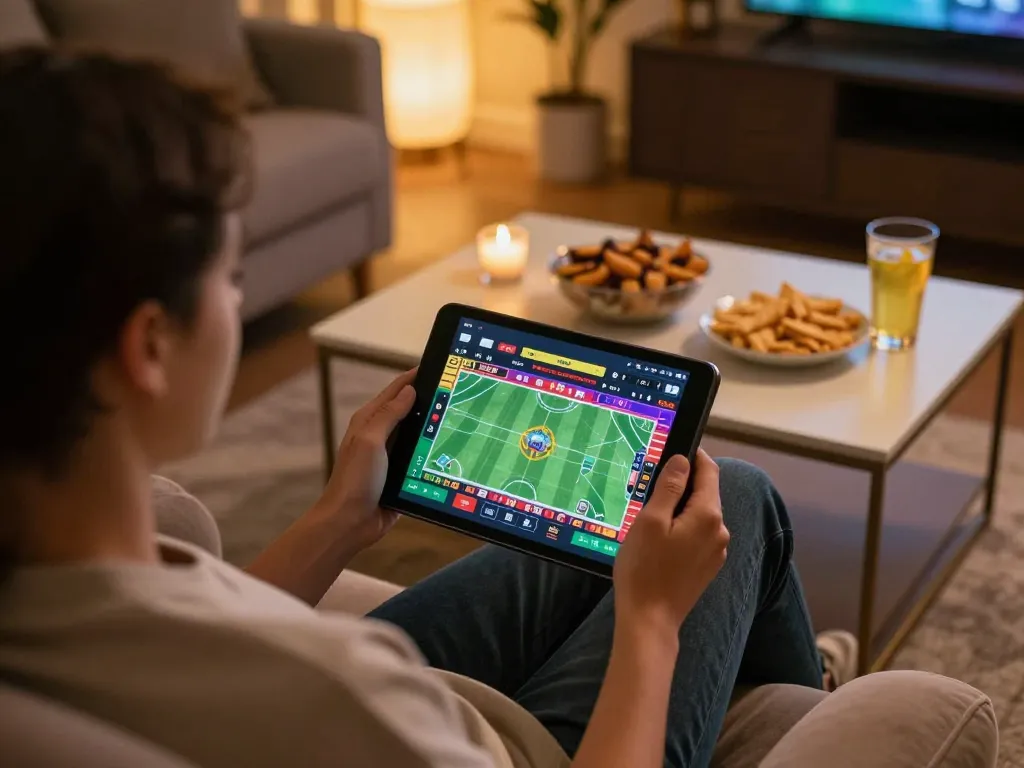 Engaging in strategic sports betting at https://mm88.vin/ with a tablet in a cozy home setting.