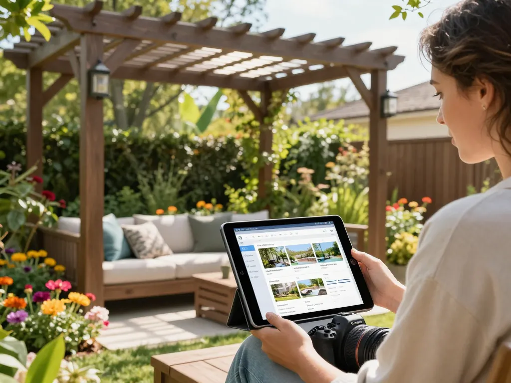 Interagire con la gestione contenuti pergole (CMS) mentre si gode di una pergola progettata con cura in un giardino vibrante.