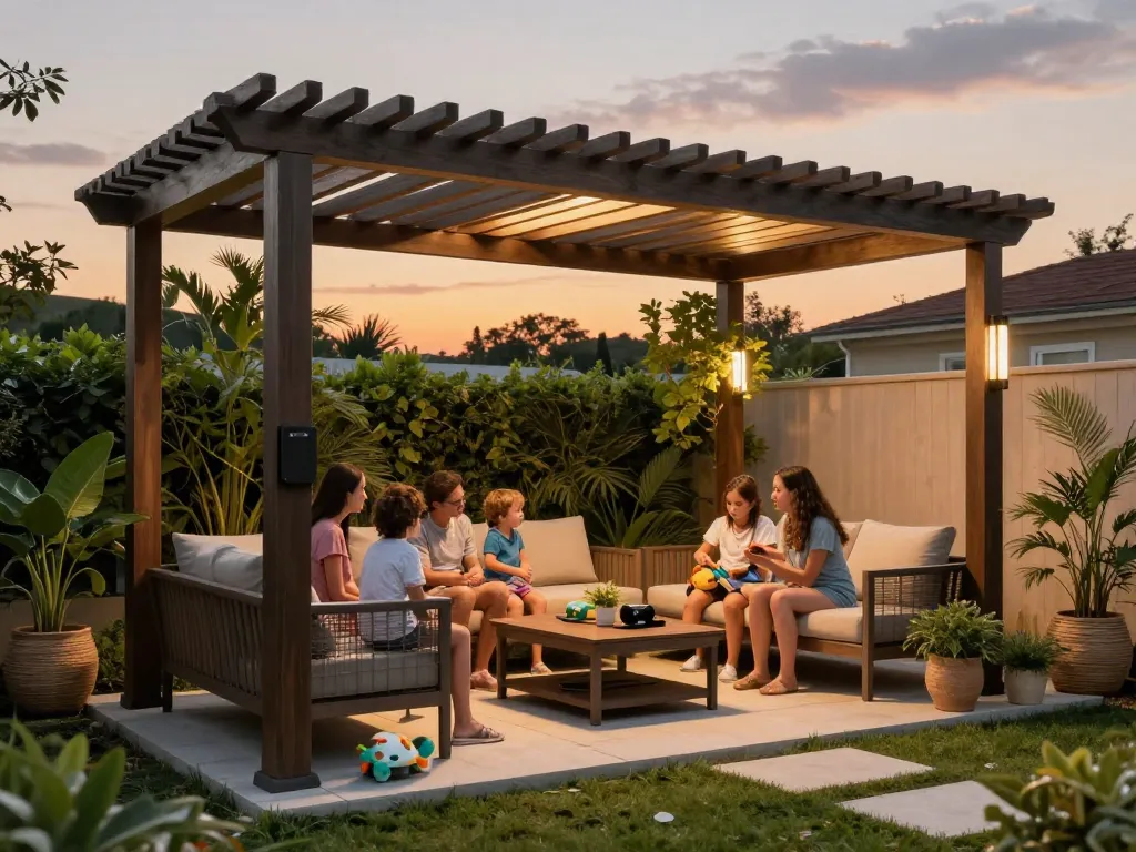 Family enjoying the configuratore 3D pergola in a summer garden setting, showcasing customization options for outdoor living.