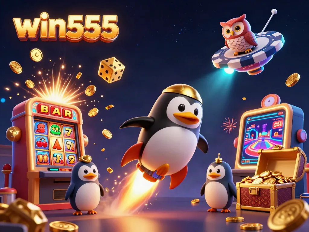Experience the thrill of jackpots at win555 with golden coins and lively casino elements.