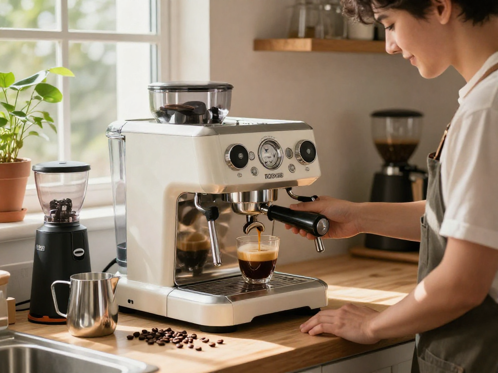 Experience the rich coffee flavor with ROKOK88 login on premium espresso machine in a modern kitchen.
