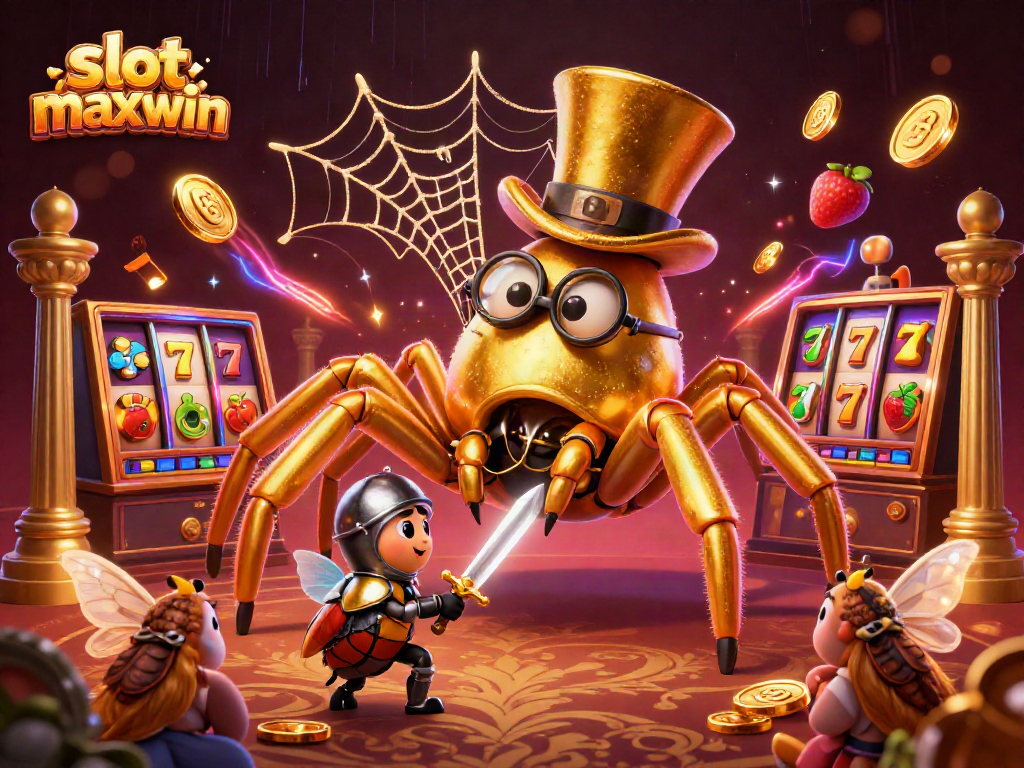 Experience the thrilling excitement of slot maxwin with a dynamic 3D casino scene featuring a golden tarantula.