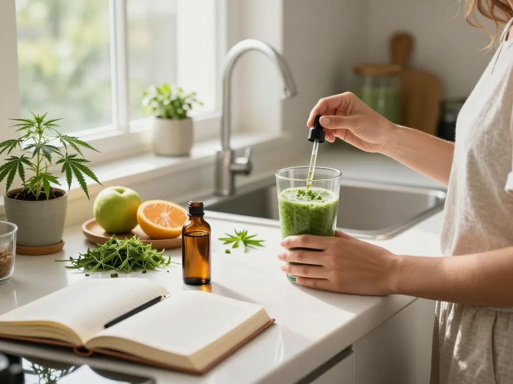 Vaporizatori THC con olio di CBD biologico e foglie di canapa fresche in un ambiente cucina luminoso che promuove il benessere naturale.