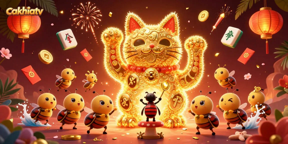 Experience thrilling gameplay at cakhiatv with a festive illustration of golden fireflies and lucky symbols.
