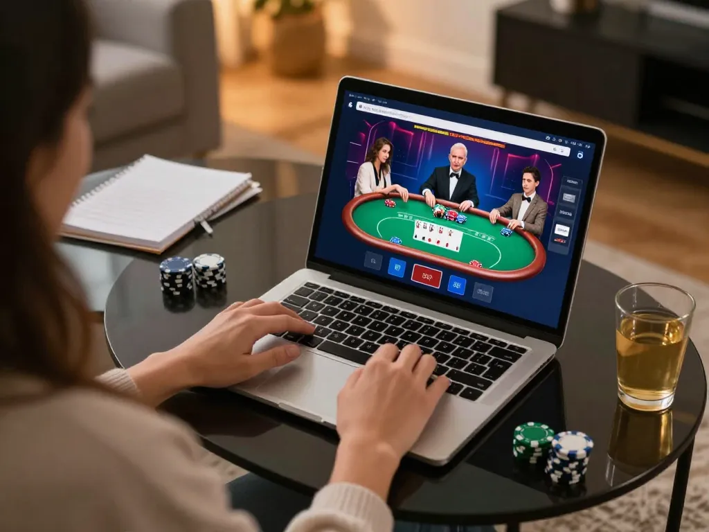 Engaged player at home enjoying 555win online casino poker game on laptop with strategy notes.