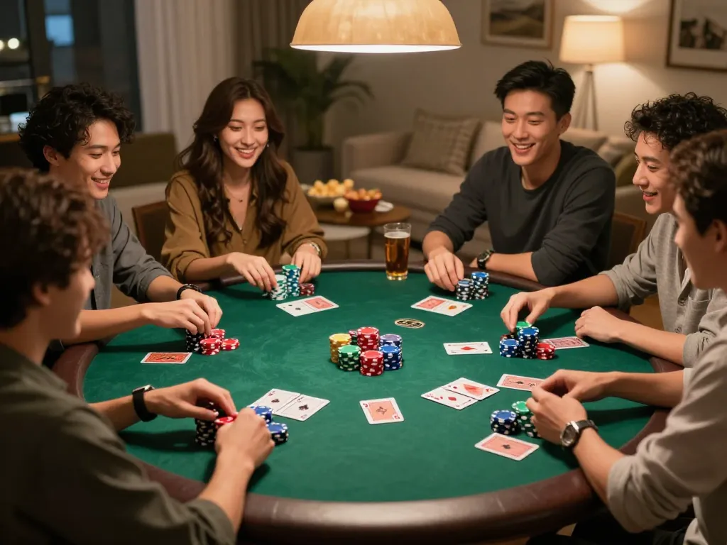 Friends playing poker at home, showcasing Jun88 gaming with lively atmosphere and vibrant poker chips.