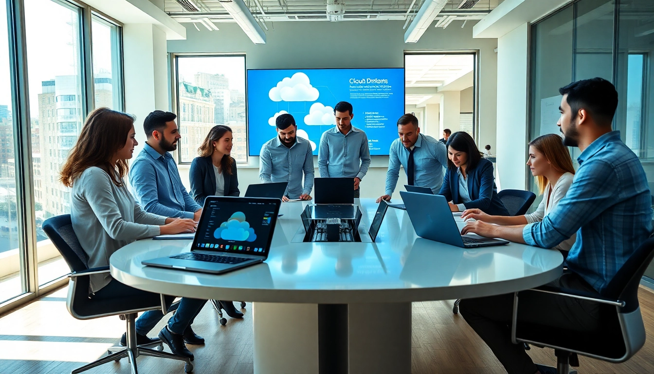 SaaS team collaborating in a modern workspace with digital tools and cloud interfaces.