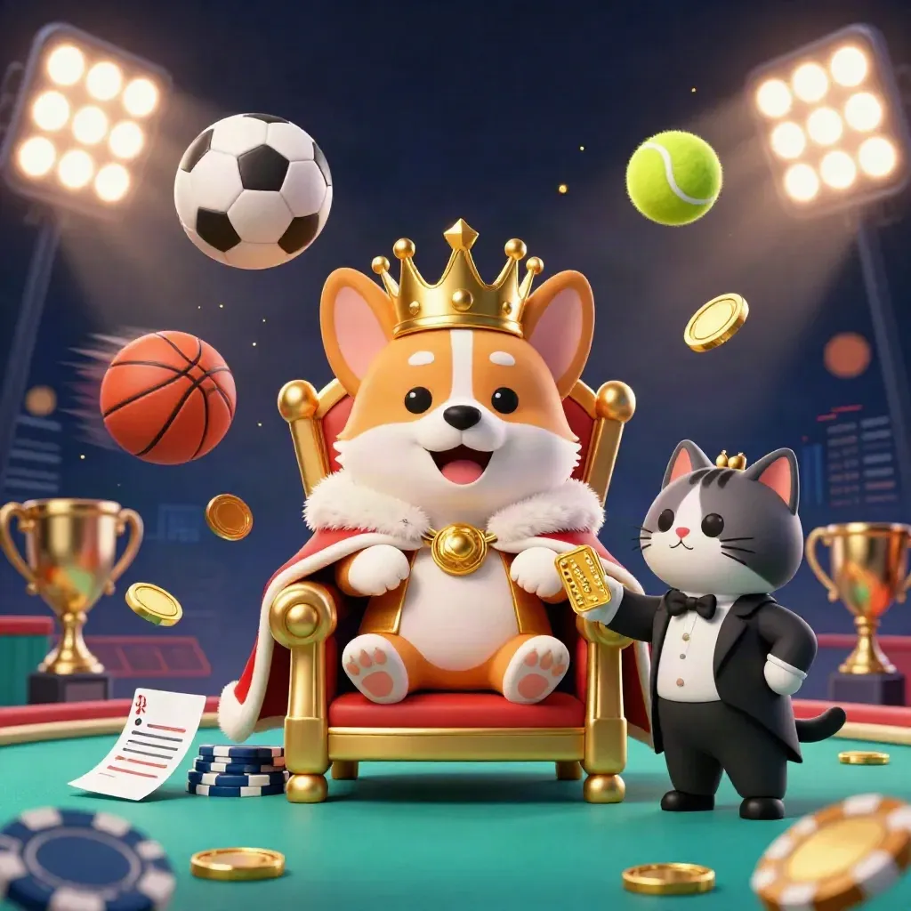 Corgi re e gatto maggiordomo tra palloni, trofeo e luci da stadio