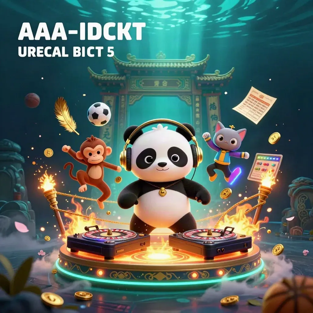 Panda DJ, scimmia e gattino neon in scena marina-casino con monete e tempio antico.