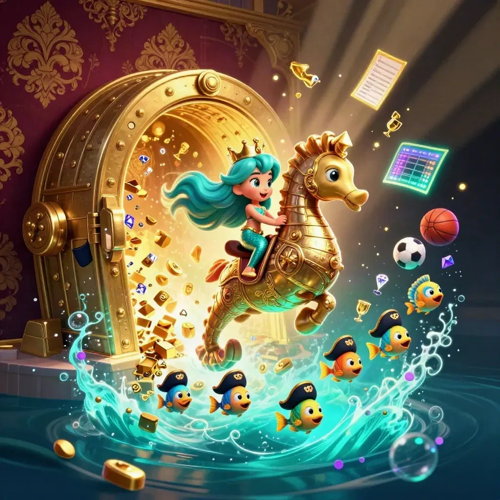 Sirena con cavalluccio marino dorato tra tesori, pesci pirata e luce marina da casinò.