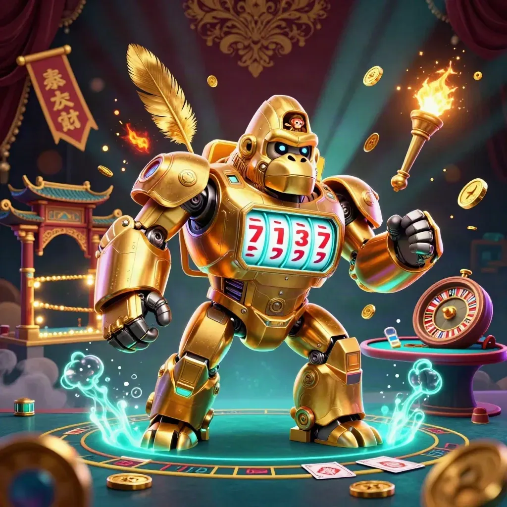 Gorilla mech dorato con piccolo pilota in un casinò marino, carte, ruota e luci teal e oro.