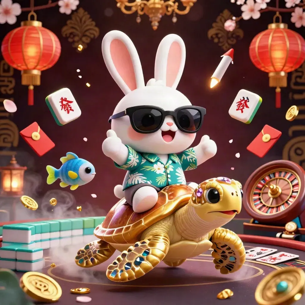 Coniglio cartoon su tartaruga d’oro, lanterne e tessere in un casinò marino lussuoso.