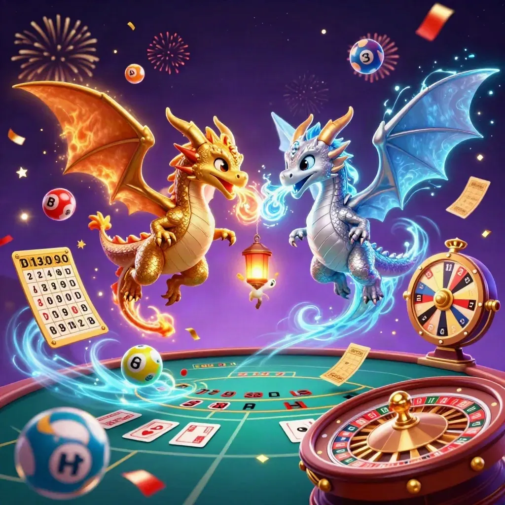 Due draghi dorato e argento tra luci magiche, ruota, carte e gettoni su sfondo stellato.