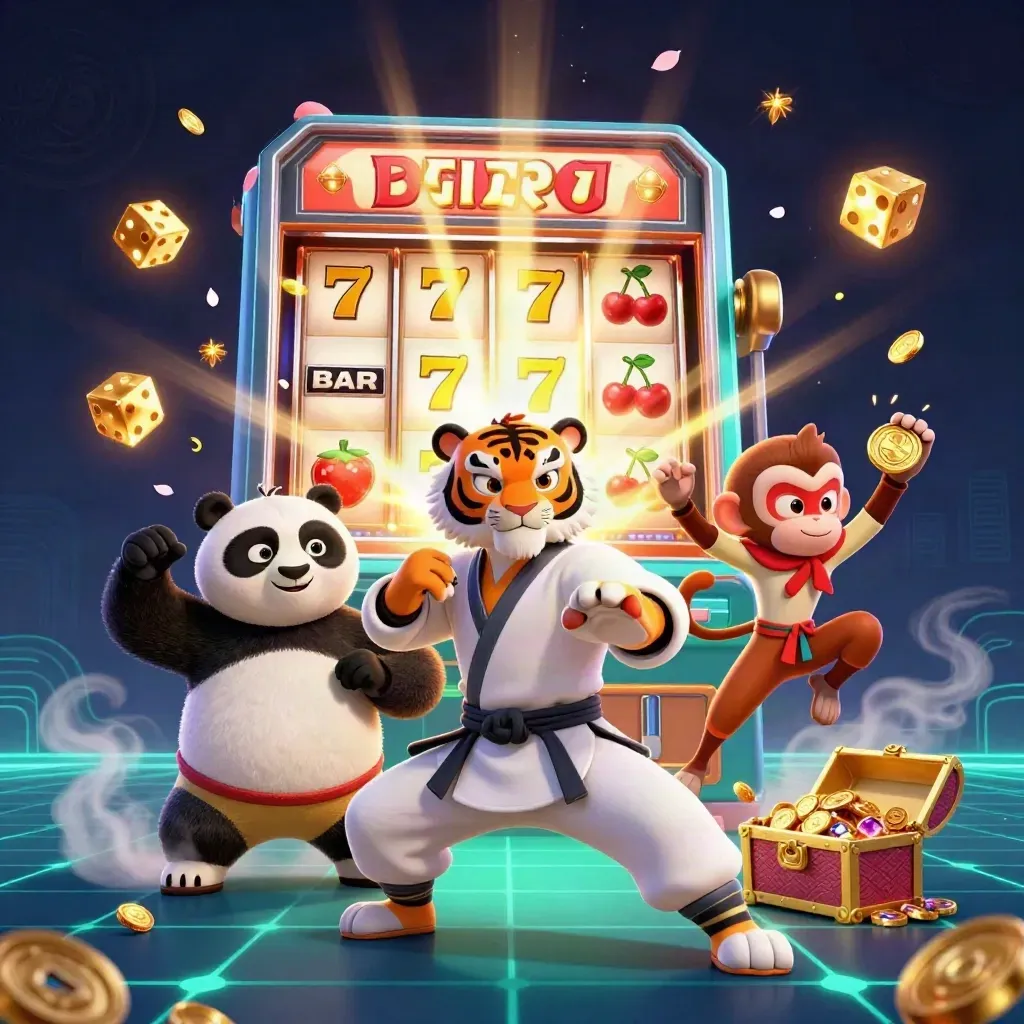 Tigre, panda e scimmia kung-fu tra slot, monete, frutti e bagliori teal su sfondo marino.