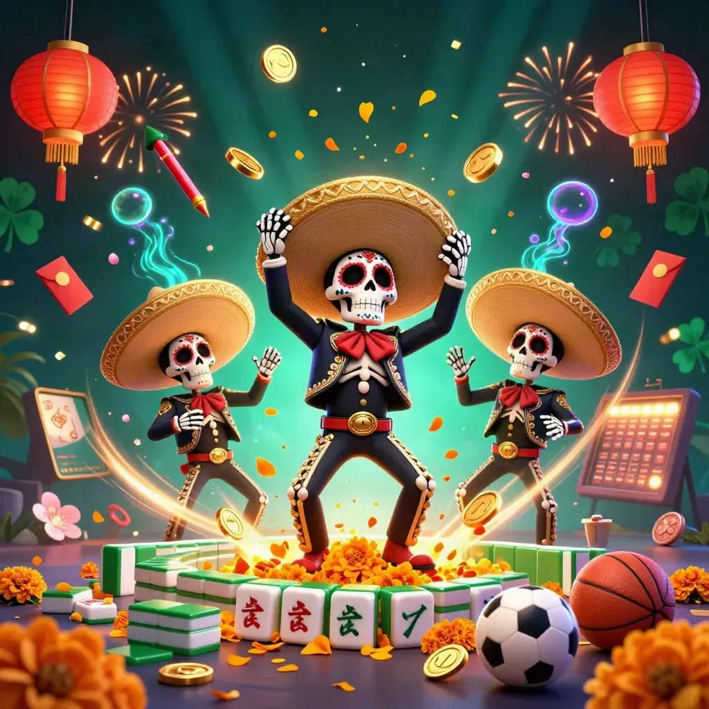 Scheletri mariachi tra monete d’oro, lanterne, fuochi e bagliori marini.