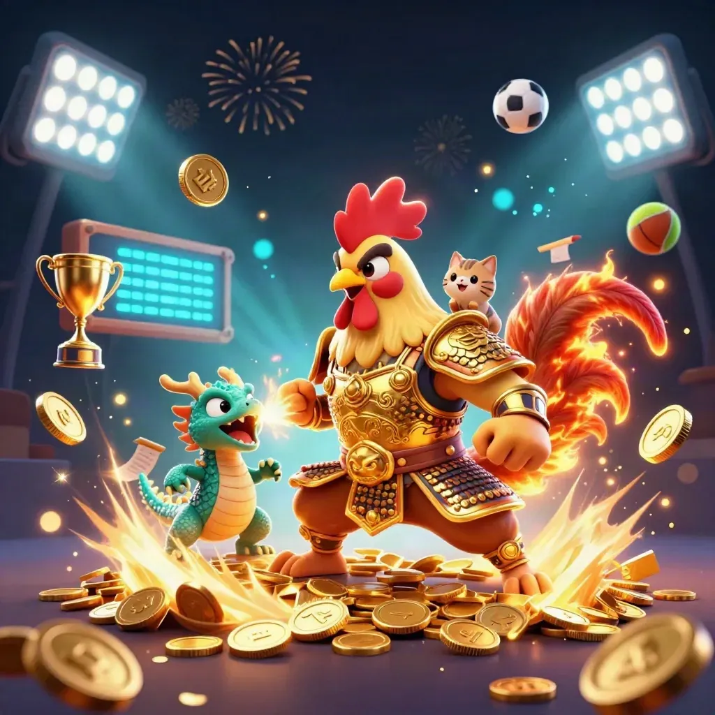 Gallo samurai, draghetto e gatto fortunato tra monete, trofeo e fuochi d'artificio