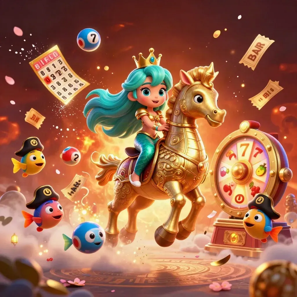 Sirena regale su cavalluccio marino d’oro, con pesci pirata e simboli da casinò nel mare.