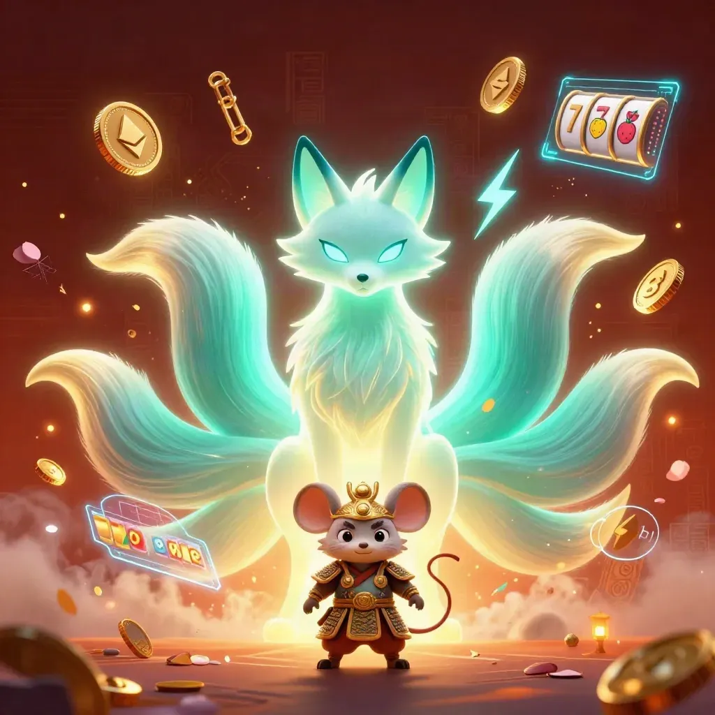 Volpe spirito a nove code con topo samurai, monete crypto e simboli slot in stile marino lussuoso.