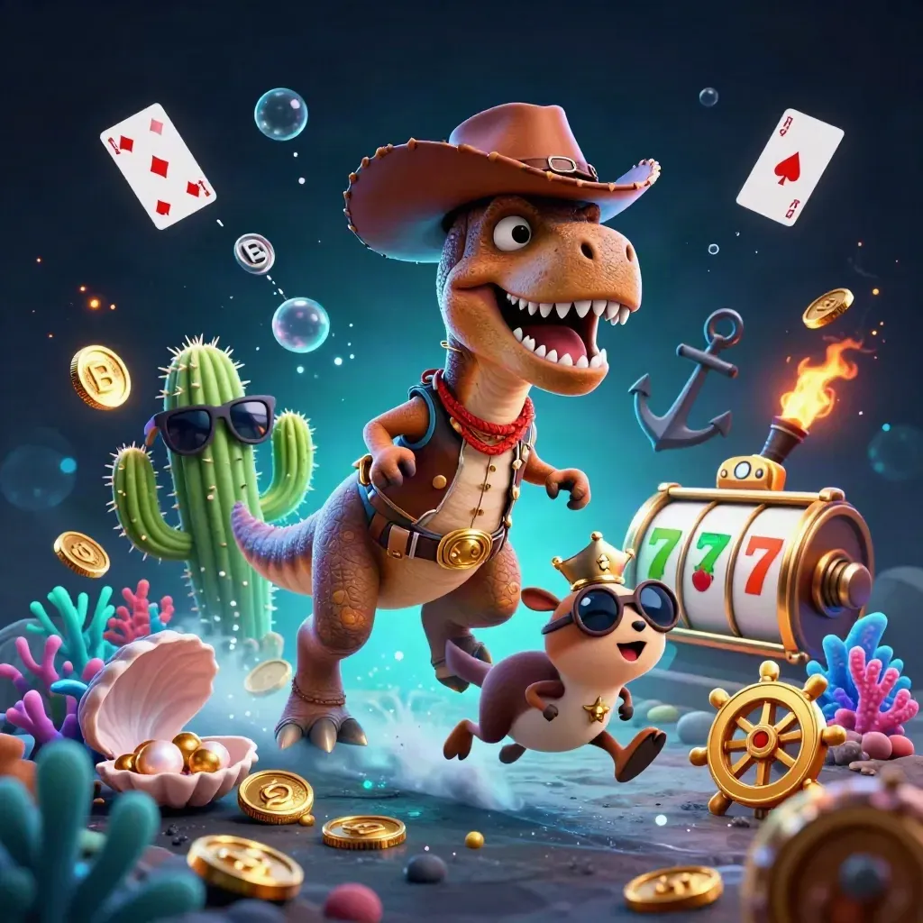 T-Rex cowboy con cactus e roadrunner tra tesoro marino, slot e luci neon.