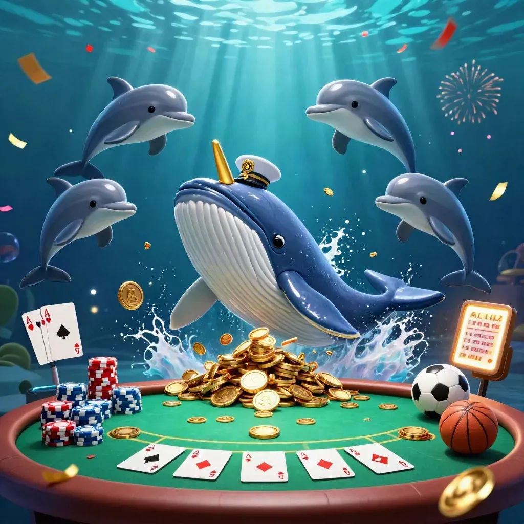 Balena capitano, narvalo e delfini tra fiches e simboli marini in stile casinò.